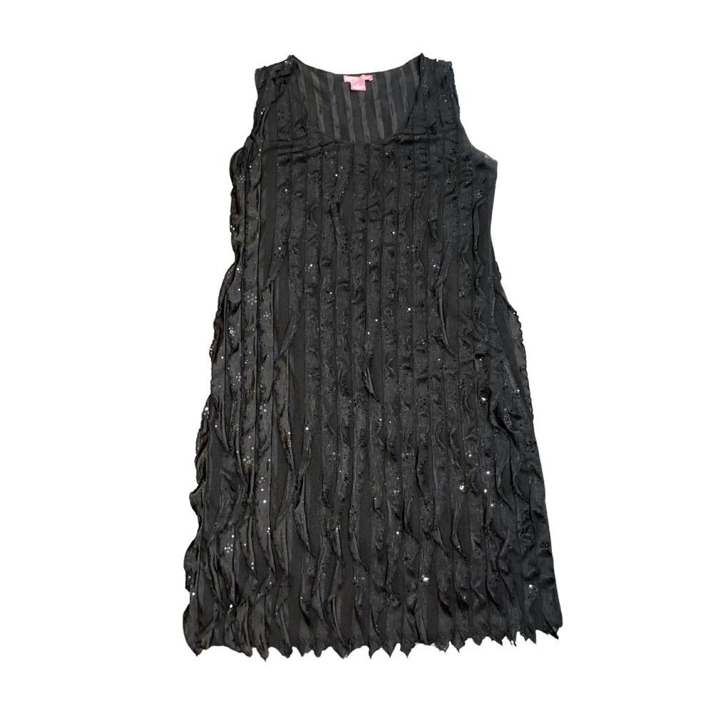 Sunny Leigh Sequin Black Pleated Eyelash Dress SZ Medium Cocktail Dress Flapper